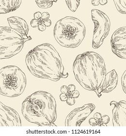 Seamless pattern with quince: fruit, flower, leaves and quince slice. Vector hand drawn illustration.