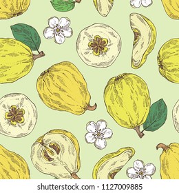 Seamless pattern with quince: fruit, flower, leaves and quince slice. Vector hand drawn illustration.