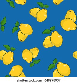 Seamless Pattern of Quince , Fruit on Blue Background, Vector Illustration 