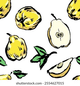 Seamless pattern of quince. Hand drawn with texture and brush strokes. Vector, isolated. Interesting and fresh.