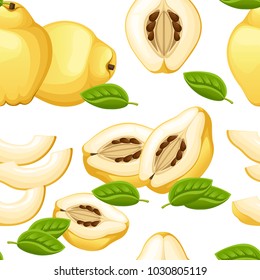 Seamless pattern of quince with leaves whole and slices of quinces. Vector illustration of quince. Vector illustration for decorative poster, emblem natural product, farmers market.