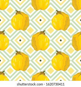 Seamless pattern with quince. Stylized yellow quince on a geometric background. Wallpaper, print, wrapping paper, promotional material, banner, poster, modern textile design. Vector illustration.