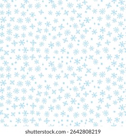 Seamless pattern of quirky Xmas blue snowflakes in wax crayon or charcoal squiggle style. Perfect for Christmas kindergarten blackboard backgrounds, textiles, and wrapping. Vector illustration