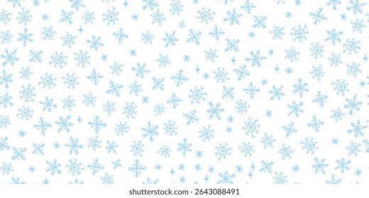 Seamless pattern of quirky Xmas blue snowflakes in wax and charcoal squiggle style. Perfect for Christmas kindergarten blackboard backgrounds, textiles, and wrapping. Vector illustration