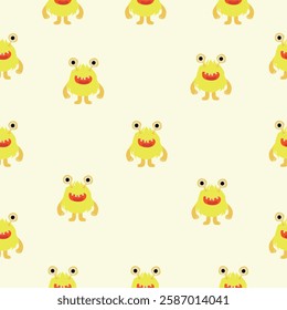 Seamless pattern with quirky yellow cartoon monsters with big eyes and red mouths on a light beige background