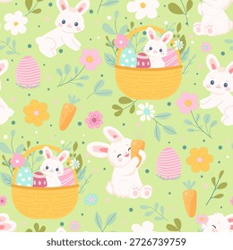 Seamless pattern with rabbit, basket, flowers. Vector illustration. Happy Easter day.