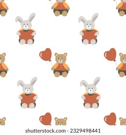 Seamless pattern with rabbit and bear on white background. Vector design for fabric, textile, packaging, website. Flat style vector illustration.