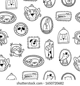 Seamless pattern with rabbit, bear, sloth, giraffe, fox, crocodile, panda, tiger, cat, dog, elephant in different photo frames. Cute Scandinavian texture with animals on white background. 