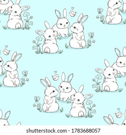 Seamless pattern Rabbit. Beautiful Decorative Bunny Blue Background, Element for design. Contemporary abstract design print textile. Vector.