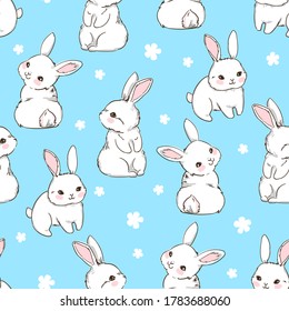 Seamless pattern Rabbit. Beautiful Decorative Bunny Blue Background, Element for design. Contemporary abstract design print textile. Vector.