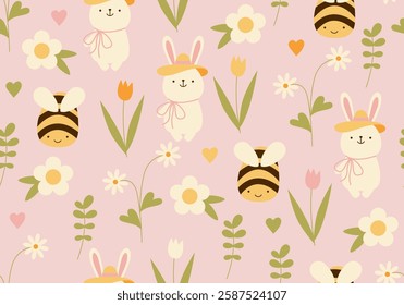 Seamless pattern with rabbit, bee and flower. Seamless pattern with bunny rabbit cartoons and flower. Cute childish print. Cute bunny rabbit and bee blooming seamless pattern in cartoon style seamless