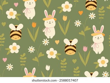 Seamless pattern with rabbit, bee and flower. Seamless pattern with bunny rabbit cartoons and flower. Cute childish print. Cute bunny rabbit and bee blooming seamless pattern in cartoon style seamless