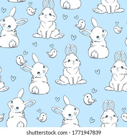 Seamless pattern Rabbit and bird. Beautiful Decorative Bunny Blue Background, Element for design. Contemporary abstract design print textile. Vector.