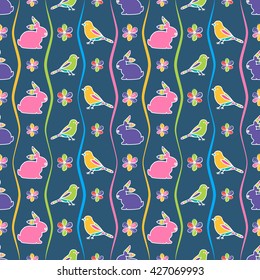 Seamless pattern with rabbit, birds and flowers against a dark background. 
