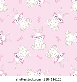 Seamless Pattern Rabbit and bow. Hand Drawn Bunny and heart, print design rabbit background. Vector Seamless. Print Design Textile for Kids Fashion.