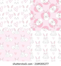 Seamless Pattern Rabbit and bow. Hand Drawn Bunny and heart, print design rabbit background. Vector Seamless. Print Design Textile for Kids Fashion.