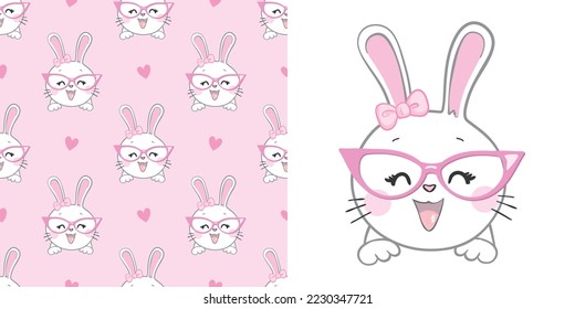 Seamless Pattern Rabbit and bow. Hand Drawn Bunny and heart, print design rabbit background. Vector Seamless. Print Design Textile for Kids Fashion.