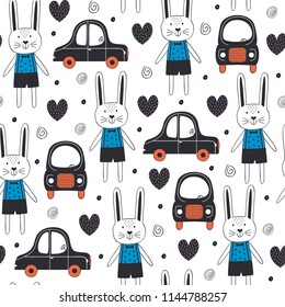 seamless pattern with rabbit boy and car in Scandinavian style - vector illustration, eps