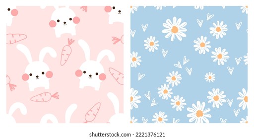 Seamless pattern with rabbit bunny cartoons and carrots on pink background. Seamless pattern with daisy flower and hand drawn hearts on blue background vector illustration.