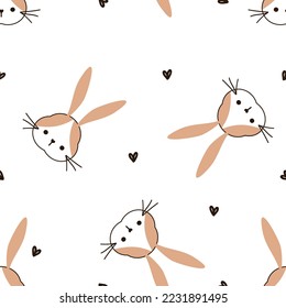 Seamless pattern with rabbit bunny cartoons and hand drawn hearts on white background vector illustration. Cute childish print.