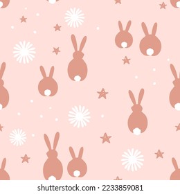 Seamless pattern with rabbit bunny cartoons, fireworks, hand drawn stars on pink sky background vector illustration.