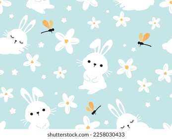 Seamless pattern with rabbit bunny cartoons, white flower and dragonflies on green mint background vector illustration. 