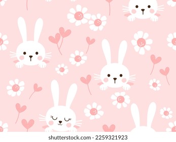 Patrón sin foco con dibujos animados de conejo en el agujero, flor de margarita y planta cardíaca en la ilustración vectorial de fondo rosa. Huella infantil.