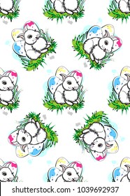 Seamless Pattern with rabbit Bunny and eggs on a green grass. Colorful hand drawn design of print, background, poster, wallpaper, fabric or textile, wrap, paper