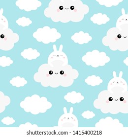 Seamless Pattern. Rabbit bunny face holding cloud in the sky. Cute cartoon kawaii funny smiling baby character. Nursery decoration. Wrapping paper, textile template. Blue background Flat design Vector