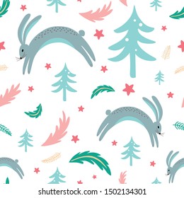 Seamless pattern rabbit bunny forest elements hand drawn coniferous branch Christmas texture vector