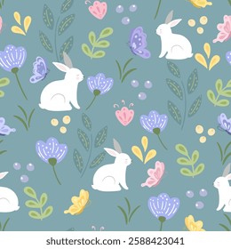 Seamless pattern of rabbit, butterflies and flowers. Happy easter print