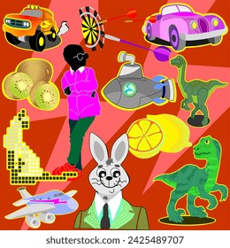 seamless pattern with rabbit, car and dinosaur