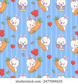 Seamless pattern with rabbit with carrot and balloons, beach bunny boy with tropical cocktail on striped blue background. Cute kawaii animal character. Vector illustration. Kids collection