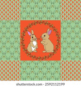 Seamless pattern, rabbit pattern, carrot pattern, egg pattern, used for printing on fabric, wallpaper, tiles, background.