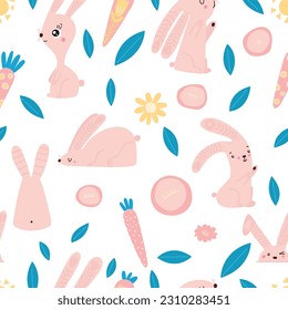 Seamless pattern with rabbit, carrot and flowers. Happy Easter day. Seamless pattern can be used for wallpaper, pattern fills, web page backgrounds, surface textures.
