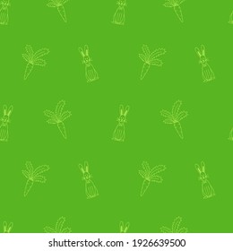 Seamless pattern with rabbit and carrot on green background. Scrapbook paper, wrapping paper, fabric, textile designs.