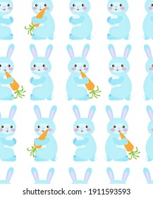 seamless pattern with rabbit and carrots. cute hare. blue bunny on a white background. stock vector childish illustration with bunny.