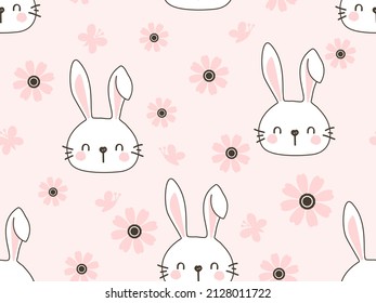 Seamless pattern with rabbit cartoons, butterfly and pink flower vector illustration. 