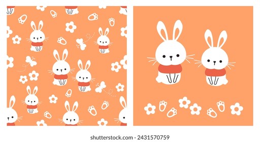 Seamless pattern with rabbit cartoons, butterfly, cute flower and foot print on orange background vector. Bunny cartoon, white flower and foot print icon sign.