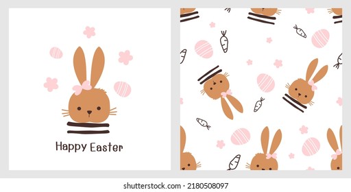 Seamless pattern with rabbit cartoons, carrots, Easter eggs and small flower on white backgrounds vector illustration. Cute childish print.