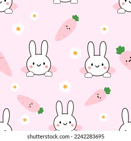 Seamless pattern with rabbit cartoons, carrots and daisy flower on pink background vector illustration.