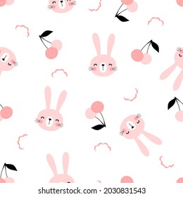 Seamless pattern with rabbit cartoons and cherry fruit on pink background vector illustration.