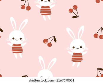 Seamless pattern with rabbit cartoons and cherry fruit on pink background vector illustration. Cute childish print.