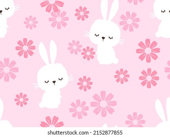 Patrón sin foco con dibujos animados de conejo y flor tierna sobre ilustración vectorial de fondo rosa.