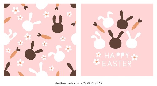 Seamless pattern with rabbit cartoons, cute flower and carrot on pink background. Happy Easter card with bunny cartoons and hand written fonts on pink card vector.