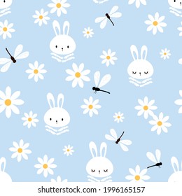 Seamless pattern with rabbit cartoons and daisy flower on blue background vector illustration.