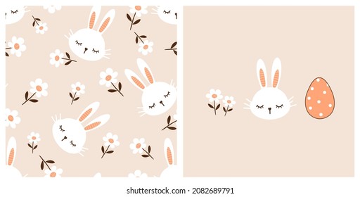 Seamless pattern and rabbit cartoons   daisy flower pastel background  Daisy  rabbit head   Easter egg vector illustration 