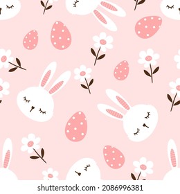 Seamless pattern with rabbit cartoons, daisy flower and Easter eggs on pink background vector illustration.