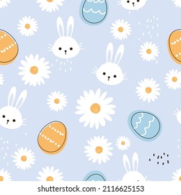Seamless pattern with rabbit cartoons, daisy flower and Easter eggs on blue background vector illustration. Nursery wall decoration.