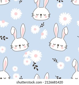 Seamless pattern with rabbit cartoons and daisy flower field on blue background. Cute nursery wallpaper, textile or wrapping paper vector illustration.